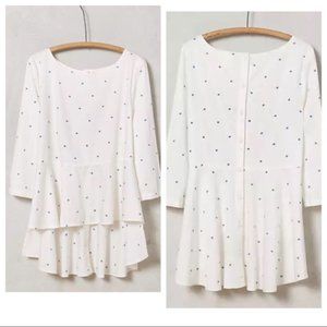 Anthropologie Maeve White Peplum Button Down Back Blouse with Blue Stitched Dots